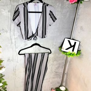 2 pc Stripped Strech Tie up Top w Split Skirt